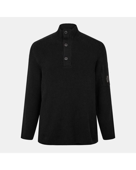 C P Company Black Quarter Button Knitted Turtle Neck Jumper for men
