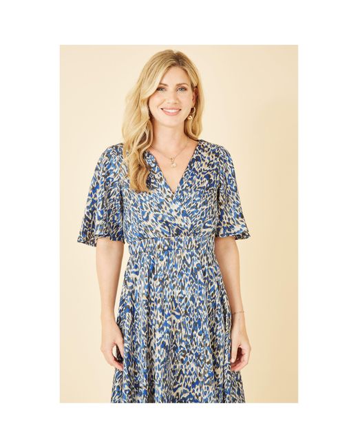 Yumi' Blue Animal Print Wrap Midi Skater Dress