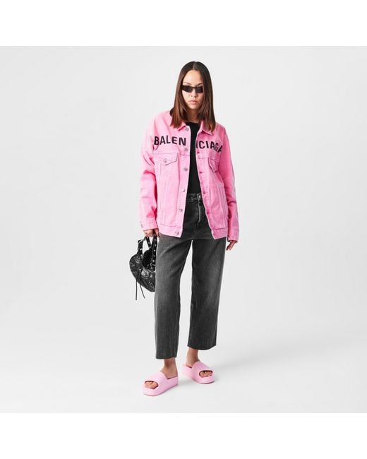 Balenciaga Pink Printed Logo Cotton Long Sleeve Denim Jacket