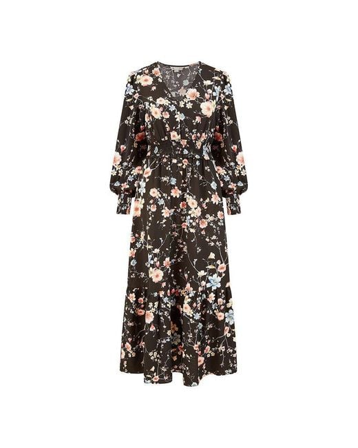 Yumi' White Floral Print Ruched Midi Dress