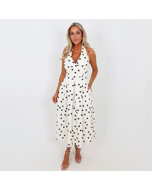 AX Paris White Cream And Polka Dot Tie Halter Neck Midi Dress