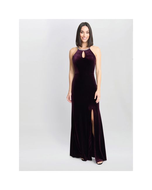 Gina Bacconi Blue Deedee Velvet Halter Keyhole Maxi Dress