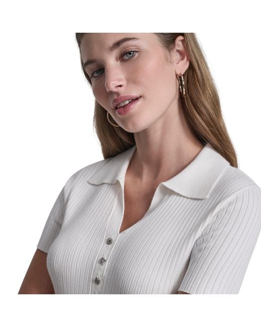 DKNY White Jeans Short Sleeve Rib Polo W/ Logo Rhinestone Buttons