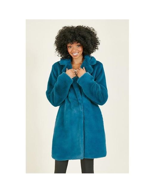 Yumi' Blue Teal Faux Fur Coat