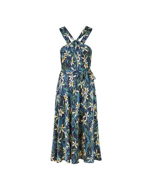 Yumi' Blue Tropical Print Satin Swing Dress