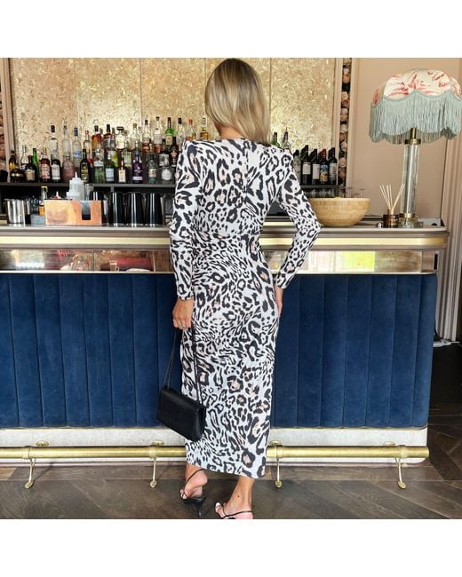 AX Paris Blue Leopard Print Long Sleeve V Neck Knot Drape Midi Dress