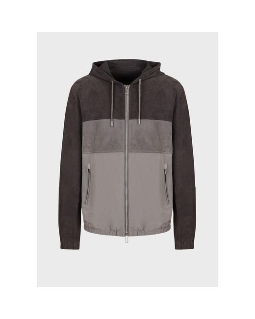Emporio Armani Gray Suede Colourblock Hooded Jacket for men