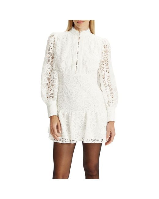 Bardot Natural Remy Lace Long Sleeve Mandarin Collar Mini Dress