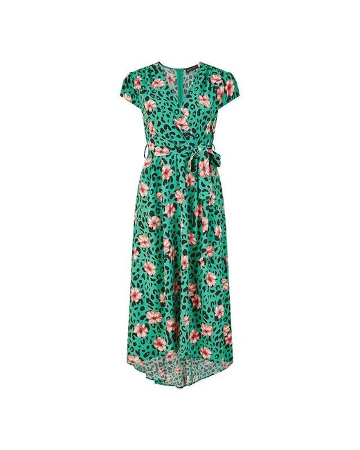 Mela London Green Animal Print Dipped Hem Wrap Dress