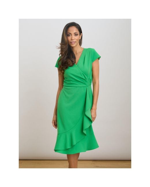 Gina Bacconi Green Marinella Ruffle Hem Crepe Dress