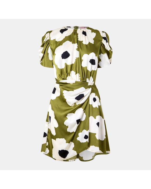 AX Paris Green Floral Printed Short Puff Sleeve Gathered Side Mini Dress