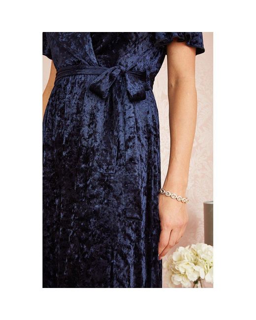 Yumi' Blue Velvet Wrap Over Midi Dress
