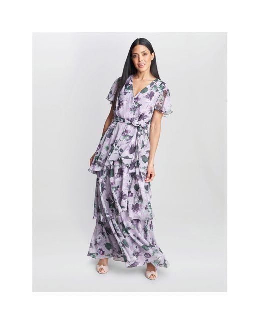 Gina Bacconi Blue Ruby Printed Tiered Maxi Dress With Belt