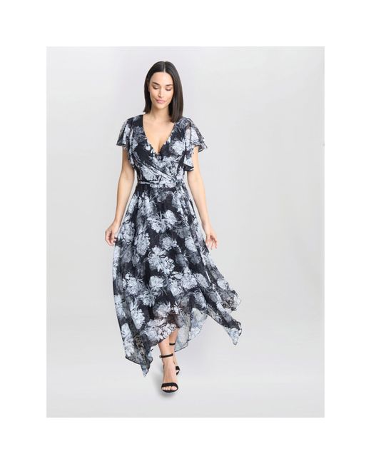 Gina Bacconi Blue Jude High-Low Floral Print Dress