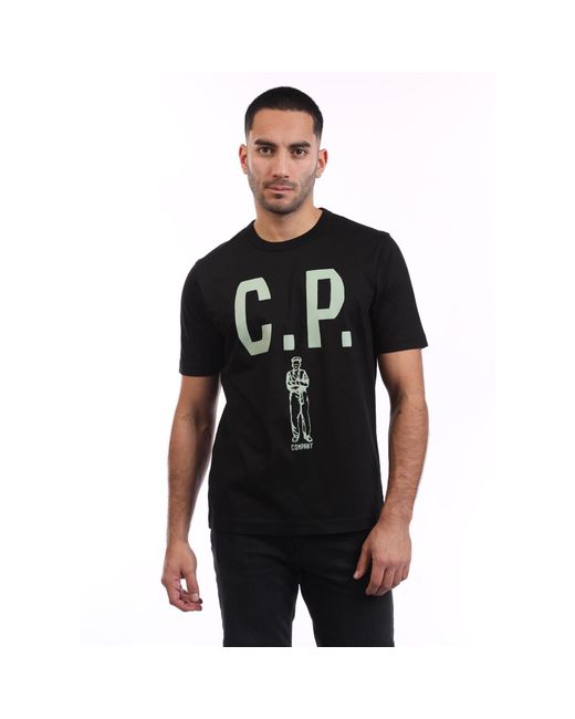 C P Company Black Mercerized 30/2 Jersey Twisted Logo T-Shirt for men