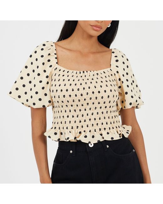Brave Soul Natural Puff Sleeve Shirred Bust Polka Dot Top
