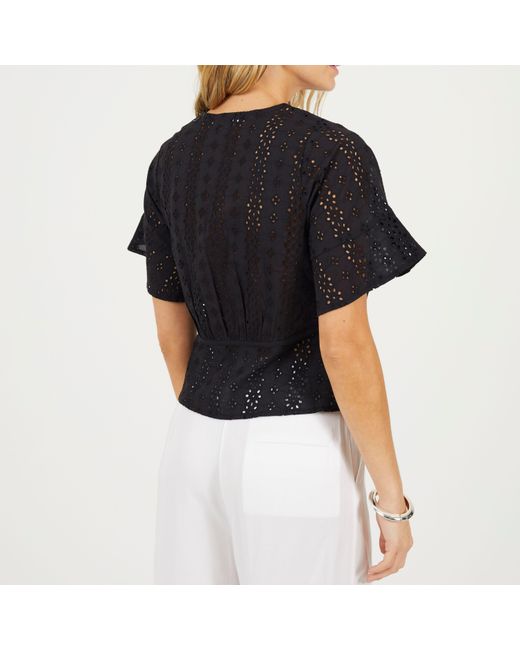 Brave Soul Black Bs Broderie Anglaise Short Sleeve Shirt With Front Tie Detail