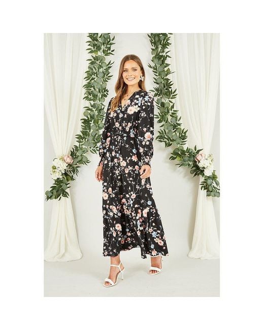 Yumi' White Floral Print Ruched Midi Dress
