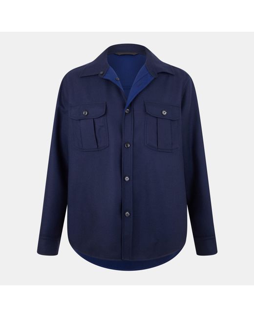 Brioni Blue Mother-Of-Pearl Button Natural Stretch Overshirt for men