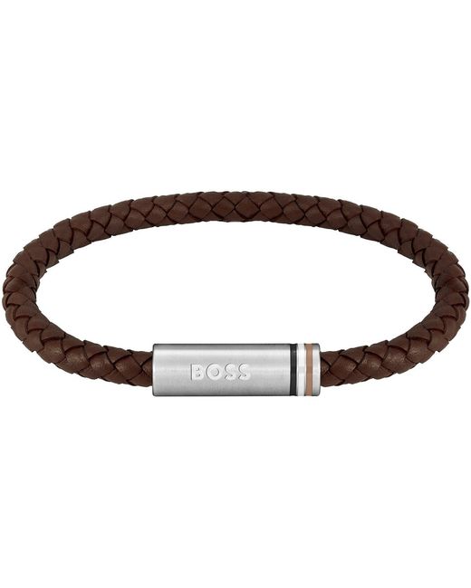 Boss Brown Ares Single Magnetic Closure Single-Wrap Leather Bracelet for men