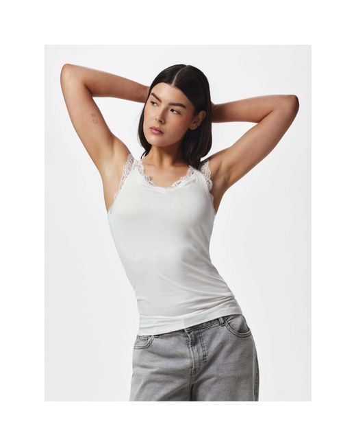Pieces White Barbera Lace V-Neck Sleeveless Slim-Fit Tank Top