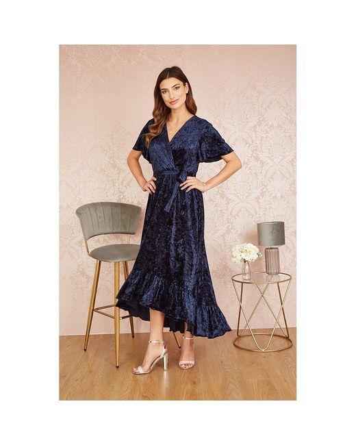 Yumi' Blue Velvet Wrap Over Midi Dress
