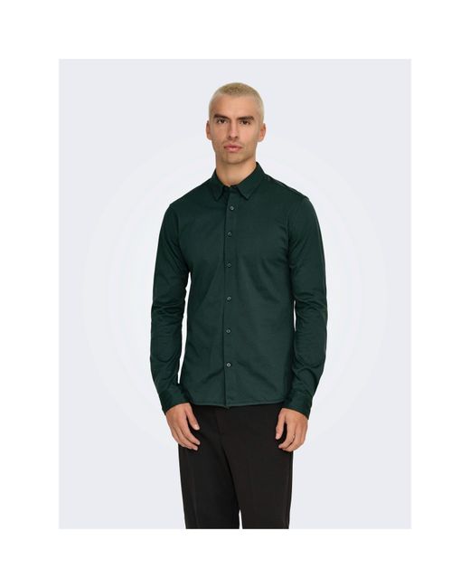 ONLY Green Long-Sleeve Plain Shirt for men