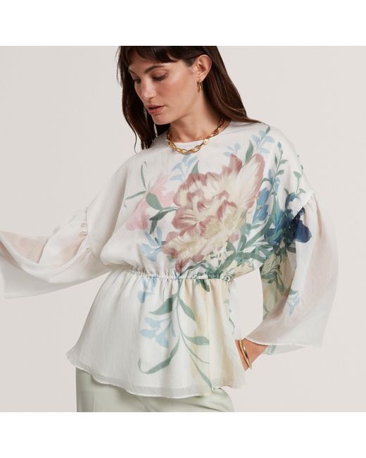 Ted Baker Gray Soft Blooms Puff Sleeve Peplum Top
