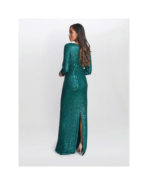Gina Bacconi Green Jacynda Sequin 3/4 Sleeve Wrap Dress