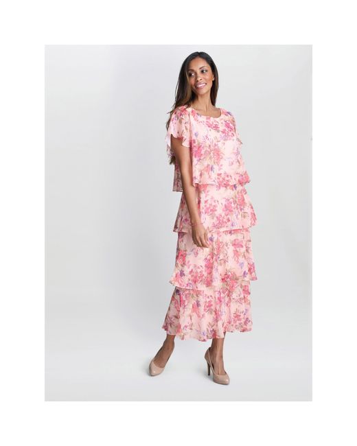Gina Bacconi Pink Essie Midi Length Printed Tier Dress