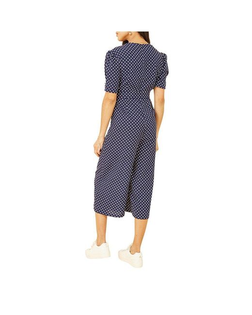 Yumi' Blue Spot Print Retro Culotte Jumpsuit