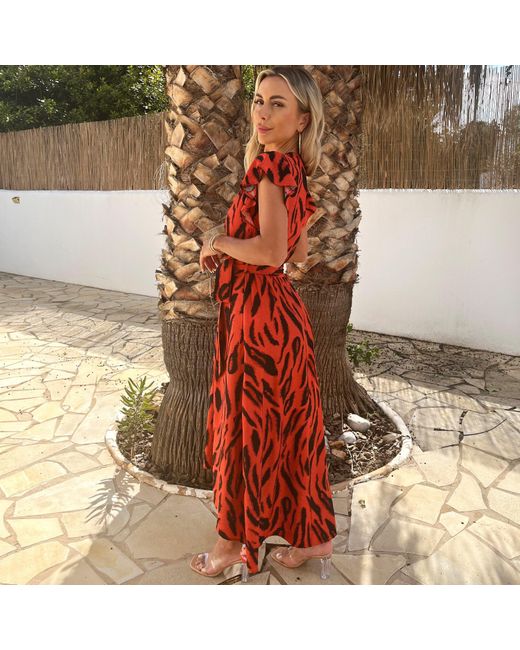 AX Paris Red Tiger Print Flutter Sleeve Belted Wrap Midi Dress