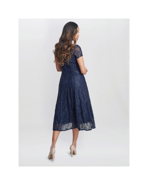 Gina Bacconi Blue Genny Cap Sleeve Midi Sequin Lace Dress