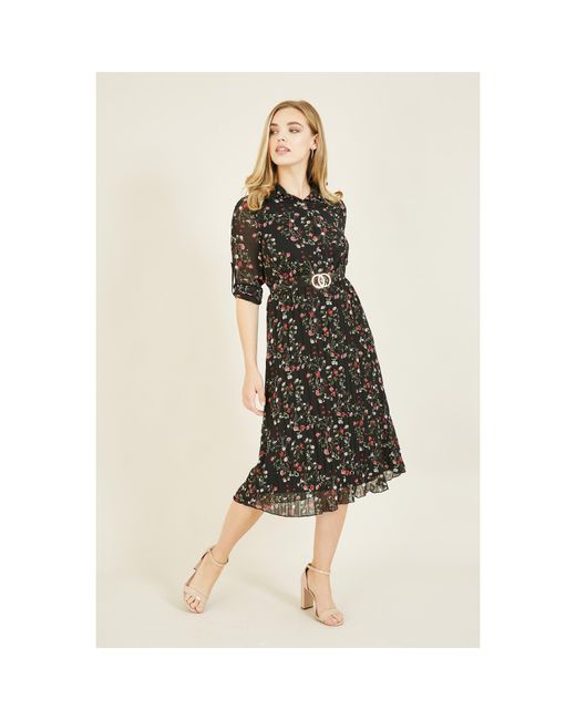 Mela London Black Ditsy Floral Pleated Midi Dress