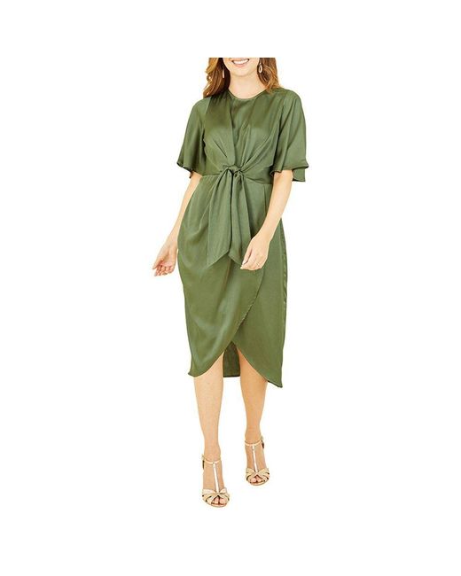 Yumi' Green Satin Tie Detail Midi Wrap Dress