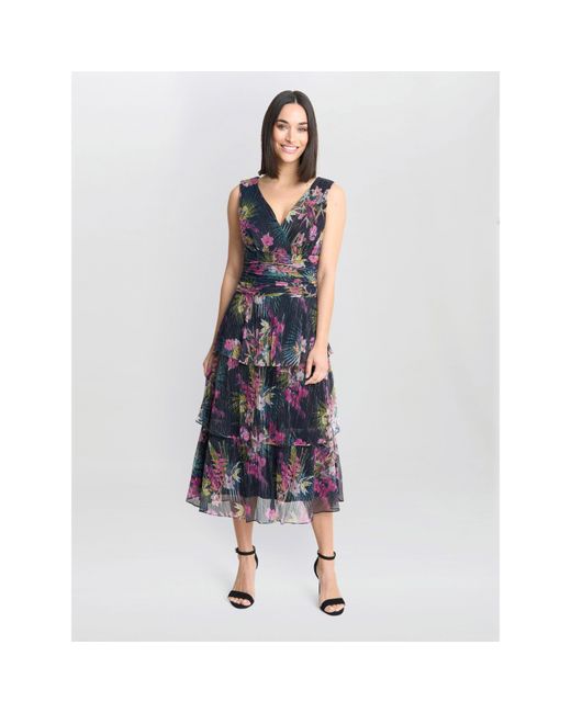 Gina Bacconi Blue Nina Midi Printed Tiered Dress