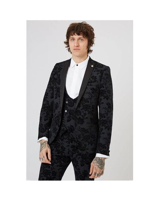 Twisted Tailor Black Fleet Skinny Fit Floral Tux Jacket for men