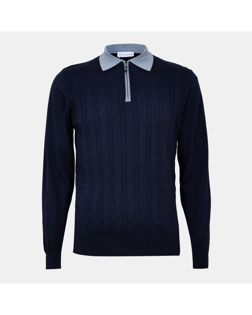Pal Zileri Blue Wool Zipped Short-Sleeve Polo Shirt for men