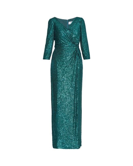 Gina Bacconi Green Jacynda Sequin 3/4 Sleeve Wrap Dress
