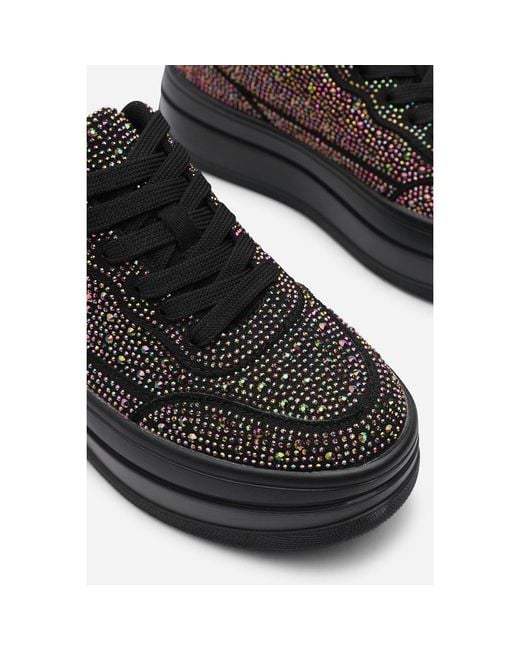 Where's That From Black Wedge Lace Up Trainer With Diamante Detail