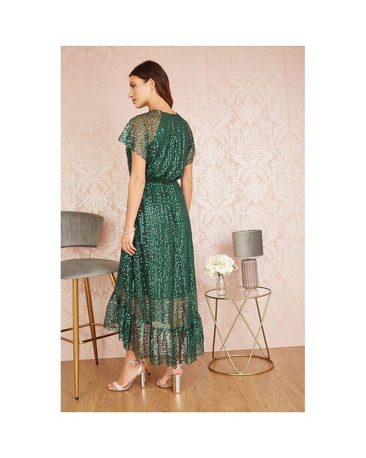 Yumi' Green Sequin Angel Sleeve Midi Smock Dress