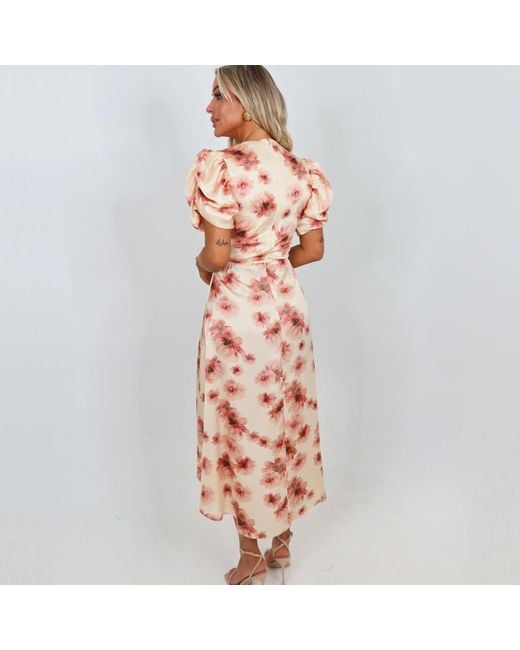 AX Paris Orange Floral Print Puff Sleeve Gathered Side Midi Dress