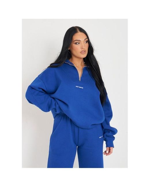 Missy Empire Blue Cobalt Embroidered Half Zip Oversized Sweatshirt