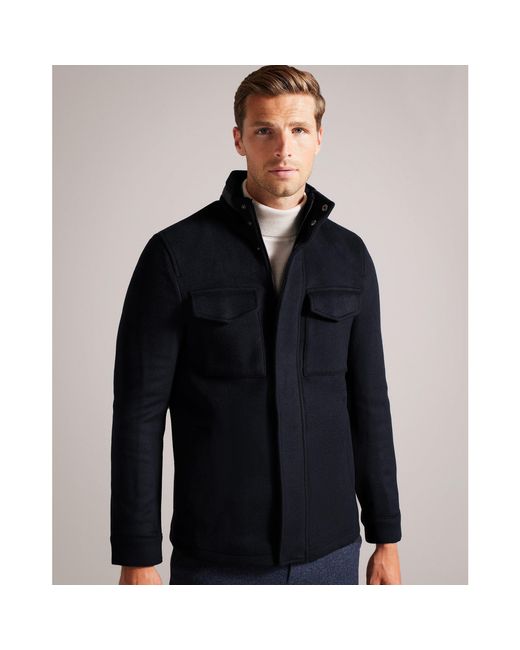 Ted Baker Blue Funnel Neck Overcoat for men