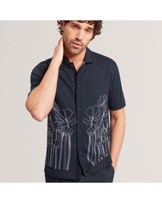 Ted Baker Blue Embroidered Floral Pure Cotton Knit Shirt for men