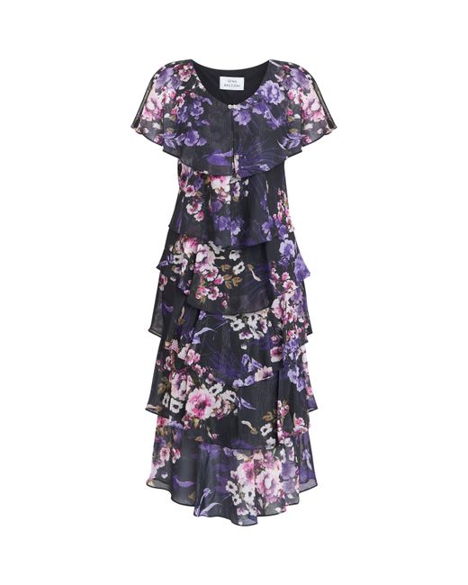 Gina Bacconi Blue Leticia Floral Print Midi Tiered Dress