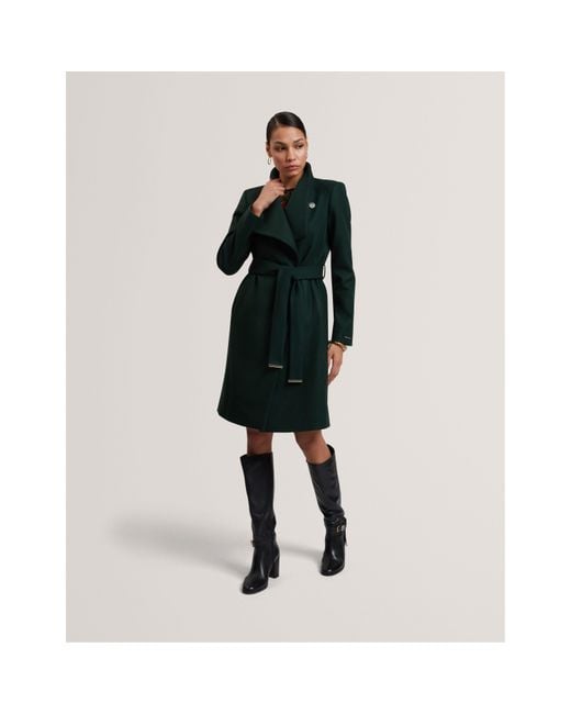 Ted Baker Green Rose Belted Midi Wool Long Sleeve Coat