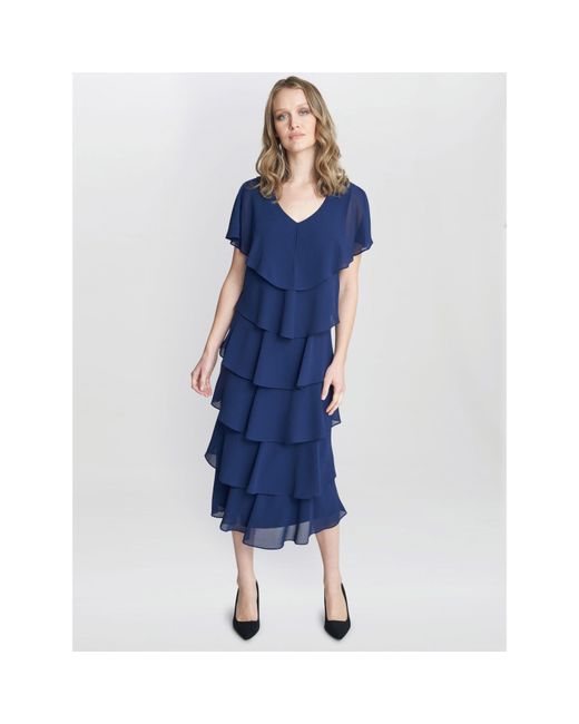 Gina Bacconi Blue Rebecca Midi Tiered Cocktail Dress