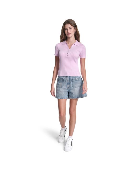 DKNY Purple Jeans Short Sleeve Rib Polo W/ Logo Rhinestone Buttons