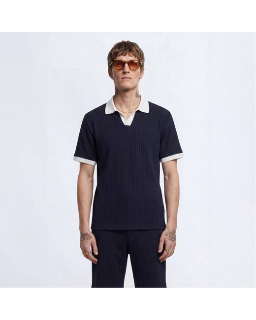 Twisted Tailor Blue Henry Textured Open Collar Polo for men